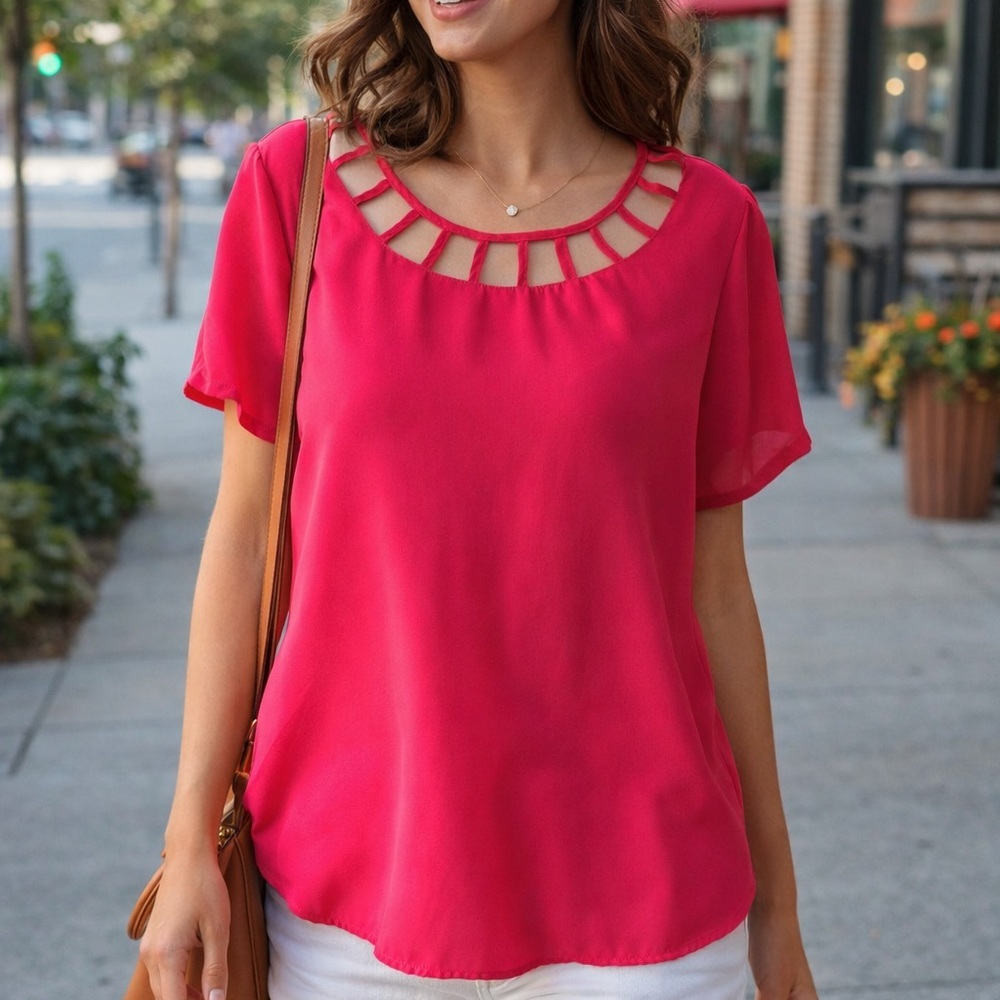 Lily White Fuchsia Cutout Neck Blouse